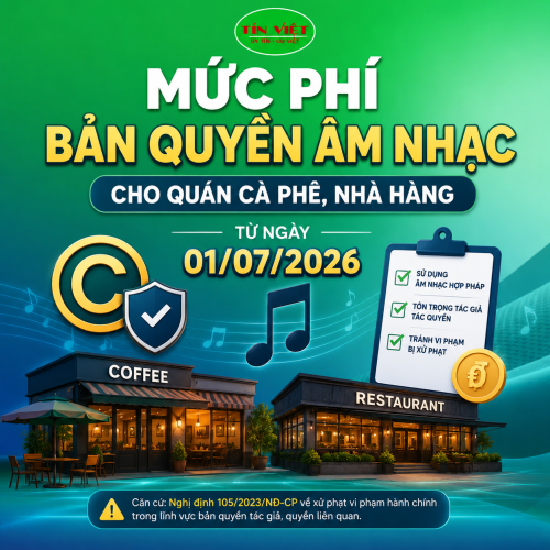 Mức phí bản quyền âm nhạc cho quán cà phê, nhà hàng từ ngày 01/07/2026