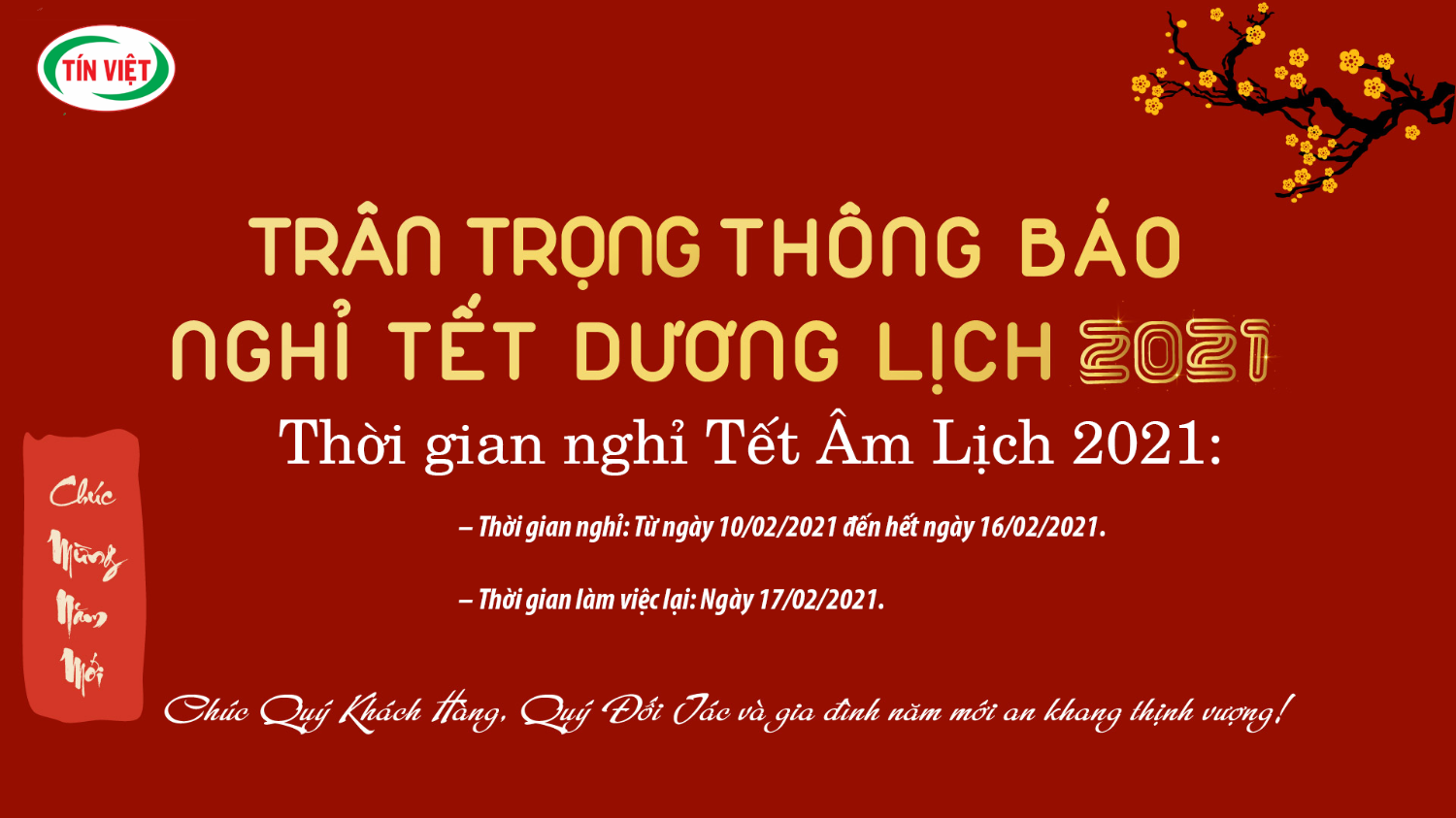 Thông báo lịch nghỉ nguyên đán kế toán Tín Việt 2021